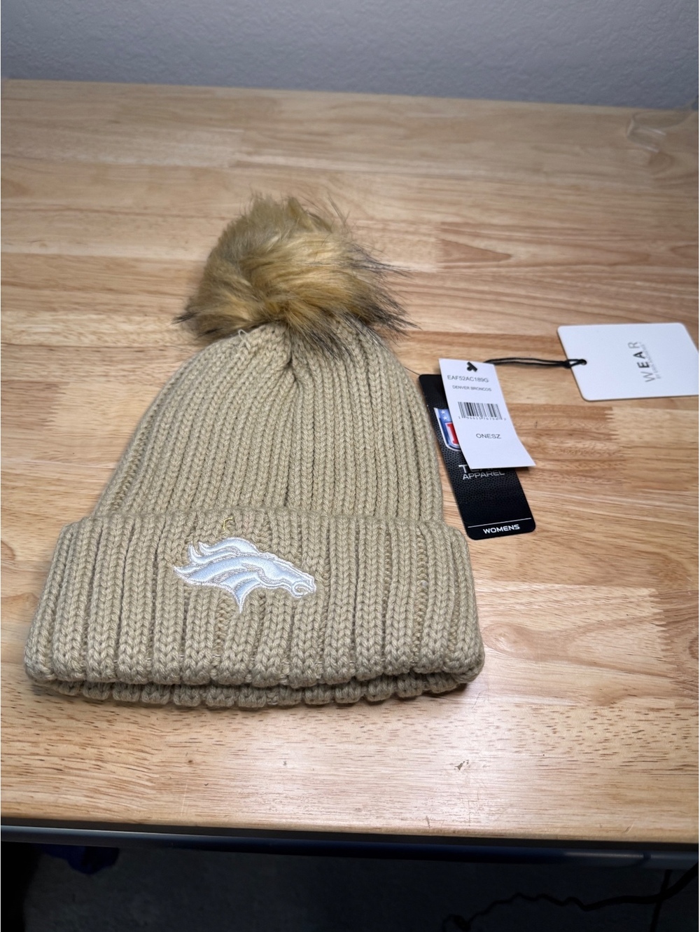 Denver Broncos Beanie WEAR by Erin Andrews Neutral Cuffed Knit Hat with Pom NWT
